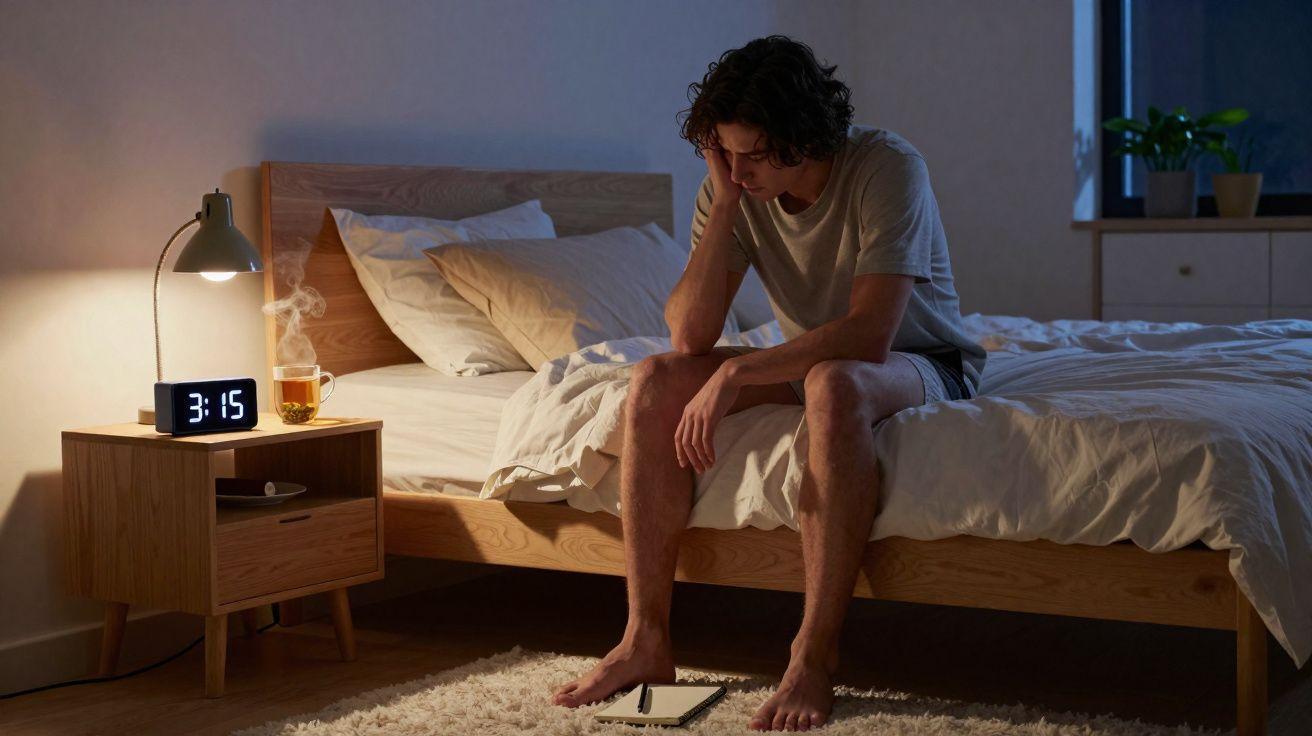 Man sitting on edge of bed at dawn, head in hands